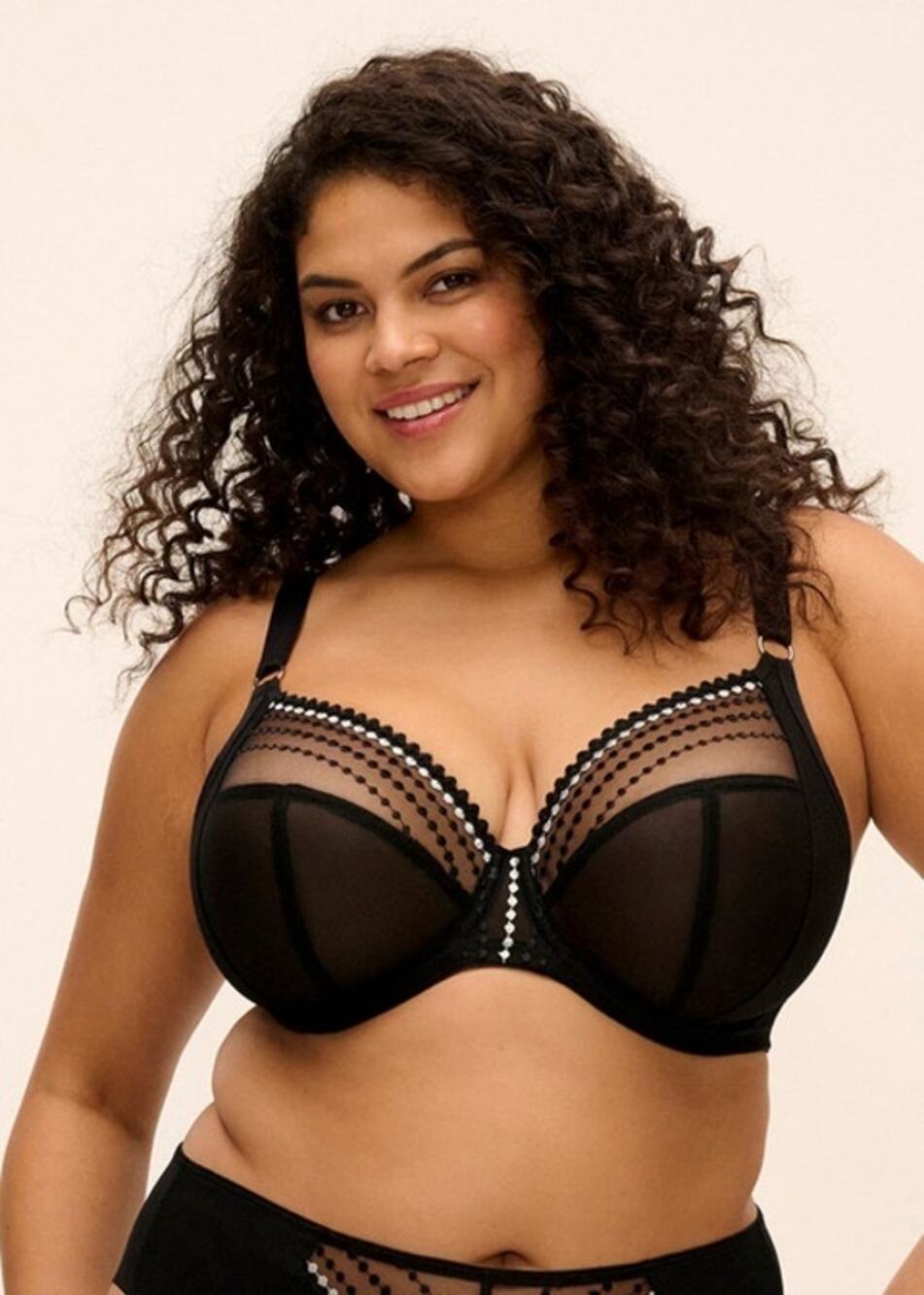Elomi Matilda Black Plunge Bra Size 32J Embroidered Sheer Wired Adjustable